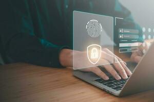 Data Security system concept, Business man use laptop with security icon screen, innovation technology, cloud computing, internet network communication photo
