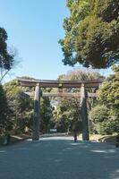 meiji jingu santuario torii portón en tokio Japón. foto