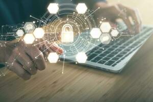 Data Security system concept, Business man use laptop with security icon screen, innovation technology, cloud computing, internet network communication photo