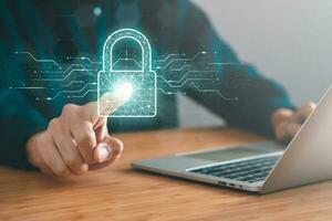 Data Security system concept, Business man use laptop with security icon screen, innovation technology, cloud computing, internet network communication photo