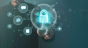Data Security system concept, Business man touch  security icon screen, innovation technology, cloud computing, internet network communication photo