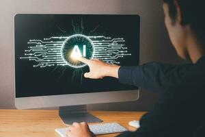 Digital information technology concept. Businessman and artificial intelligence icon on the screen. Chatbot and AI concept. photo