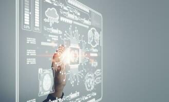 Business man touch digital screen of AI icon artificial intelligence. Machine learning concept, big data, science, innovation technology, cloud computing, futuristic, internet network communication photo