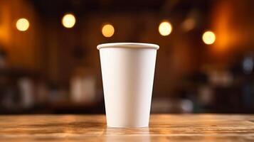 White paper coffee cup on the wooden table in the room, warm tone, mockup, photo