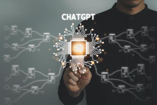 Chatbot name ChatGPT. Digital information technology concept. Businessman typing  the laptop asking AI by using conversation. artificial intelligence. photo