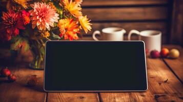 Tablet mockup place on the wooden table with flower autumn leaves background, warm tone color, photo