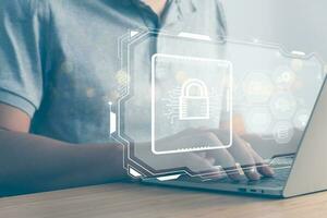 Data Security system concept, Business man use laptop with security icon screen, innovation technology, cloud computing, internet network communication photo