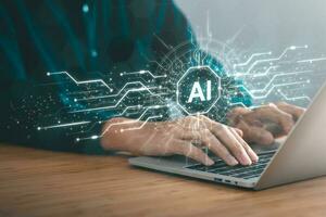 Digital information technology concept. Businessman touching artificial intelligence icon. Chatbot and AI concept. photo