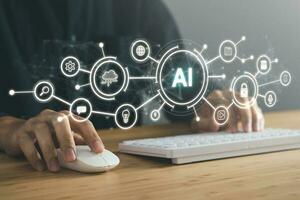 Digital information technology concept. Businessman touching artificial intelligence icon. Chatbot and AI concept. photo