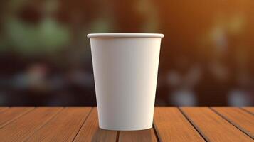 White paper coffee cup on the wooden table in the room, warm tone, mockup, photo