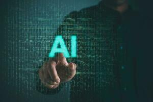 Digital information technology concept. Businessman and artificial intelligence icon on the screen. Chatbot and AI concept. photo