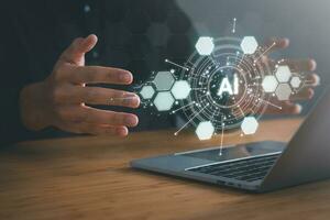 Digital information technology concept. Businessman touching artificial intelligence icon. Chatbot and AI concept. photo
