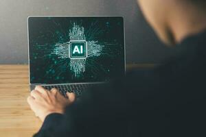 Digital information technology concept. Businessman and artificial intelligence icon on the screen. Chatbot and AI concept. photo