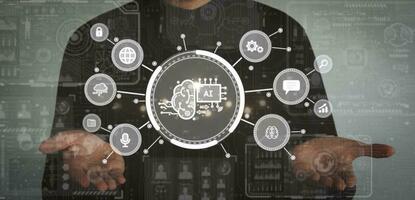 Business man holding digital screen of AI icon artificial intelligence. Machine learning concept, big data, science, innovation technology, cloud computing, futuristic, internet network communication photo