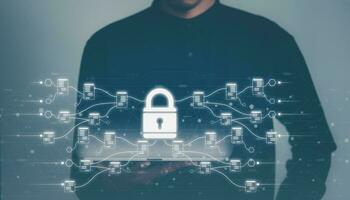 Data Security system concept, Business man use laptop with security icon screen, innovation technology, cloud computing, internet network communication photo