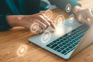 Data Security system concept, Business man use laptop with security icon screen, innovation technology, cloud computing, internet network communication photo