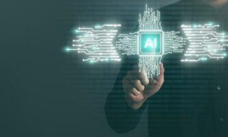 Digital information technology concept. Businessman touching artificial intelligence icon. Chatbot and AI concept. photo
