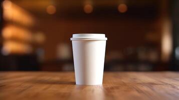 White paper coffee cup on the wooden table in the room, warm tone, mockup, photo