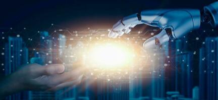Robot hand touch businessman hand, artificial intelligence concept. big data, science, innovation technology, cloud computing, futuristic, internet network communication photo