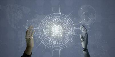 Digital information technology concept. Businessman and artificial intelligence icon on the screen. Chatbot and AI concept. photo