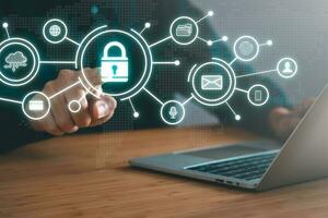 Data Security system concept, Business man use laptop with security icon screen, innovation technology, cloud computing, internet network communication photo