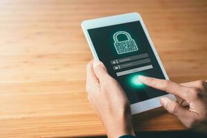 Data Security system concept, Business man use laptop with security icon screen, innovation technology, cloud computing, internet network communication photo