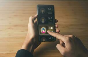Business man point five stars survey rating icon for customer satisfaction scores. customer satisfaction concept. photo