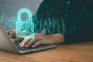 Data Security system concept, Business man use laptop with security icon screen, innovation technology, cloud computing, internet network communication photo