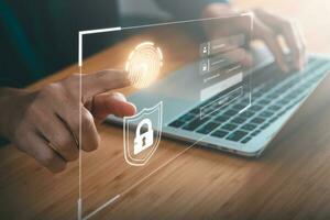 Data Security system concept, Business man use laptop with security icon screen, innovation technology, cloud computing, internet network communication photo