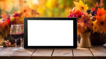 Tablet mockup place on the wooden table with flower autumn leaves background, warm tone color, photo