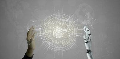 Digital information technology concept. Businessman and artificial intelligence icon on the screen. Chatbot and AI concept. photo