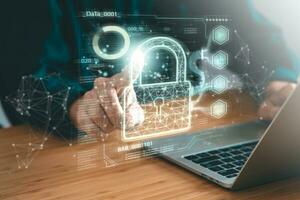 Data Security system concept, Business man use laptop with security icon screen, innovation technology, cloud computing, internet network communication photo