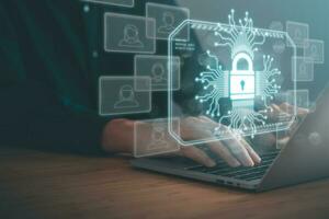 Data Security system concept, Business man use laptop with security icon screen, innovation technology, cloud computing, internet network communication photo