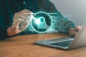 Data Security system concept, Business man use laptop with security icon screen, innovation technology, cloud computing, internet network communication photo