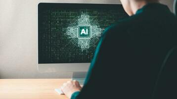 Digital information technology concept. Businessman and artificial intelligence icon on the screen. Chatbot and AI concept. photo