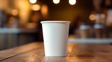White paper coffee cup on the wooden table in the room, warm tone, mockup, photo