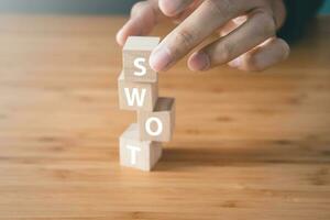 Wooden block of SWOT analysisl. Strengths, Weaknesses, Opportunities, and Threats. Business strategy  tool concept. photo