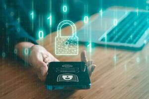 Data Security system concept, Business man use laptop with security icon screen, innovation technology, cloud computing, internet network communication photo