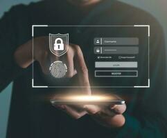 datos seguridad sistema concepto, negocio hombre es Inicio sesión dentro sistema y seguridad icono en pantalla, innovación tecnología, nube informática, Internet red comunicación foto