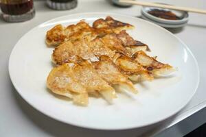 Japanese dumpling or Gyoza on the white plate with soy sauce photo