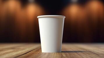 White paper coffee cup on the wooden table in the room, warm tone, mockup, photo