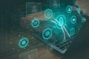 Data Security system concept, Business man use laptop with security icon screen, innovation technology, cloud computing, internet network communication photo