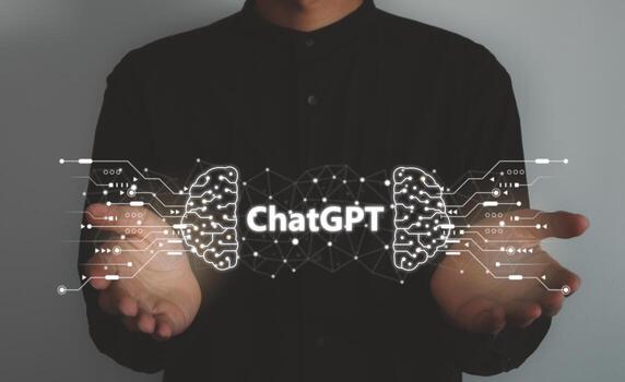 Chatbot name ChatGPT. Digital information technology concept. Businessman typing  the laptop asking AI by using conversation. artificial intelligence. photo