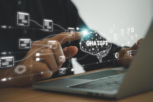 Chatbot name ChatGPT. Digital information technology concept. Businessman typing  the laptop asking AI by using conversation. artificial intelligence. photo