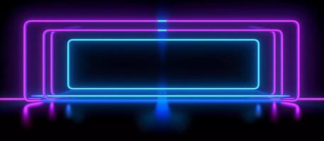 striking design features a unique combination of blue and purple neon lights against a black background, with reflective concrete adding a touch of texture and depth photo