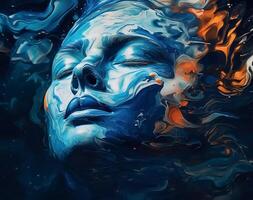 art of a lady with colorful liquid paint on her face, distorted and fractured, light black and navy photo