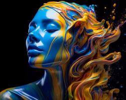 art of a lady with colorful liquid paint on her face, distorted and fractured, light black and navy photo