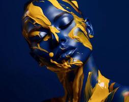 art of a lady with colorful liquid paint on her face, distorted and fractured, light black and navy photo