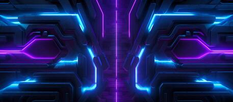 stunning sci-fi abstract design features a combination of blue and purple neon lights against a black background, with reflective concrete adding a touch of depth and texture photo