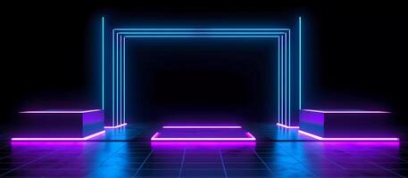 striking design features a unique combination of blue and purple neon lights against a black background, with reflective concrete adding a touch of texture and depth photo